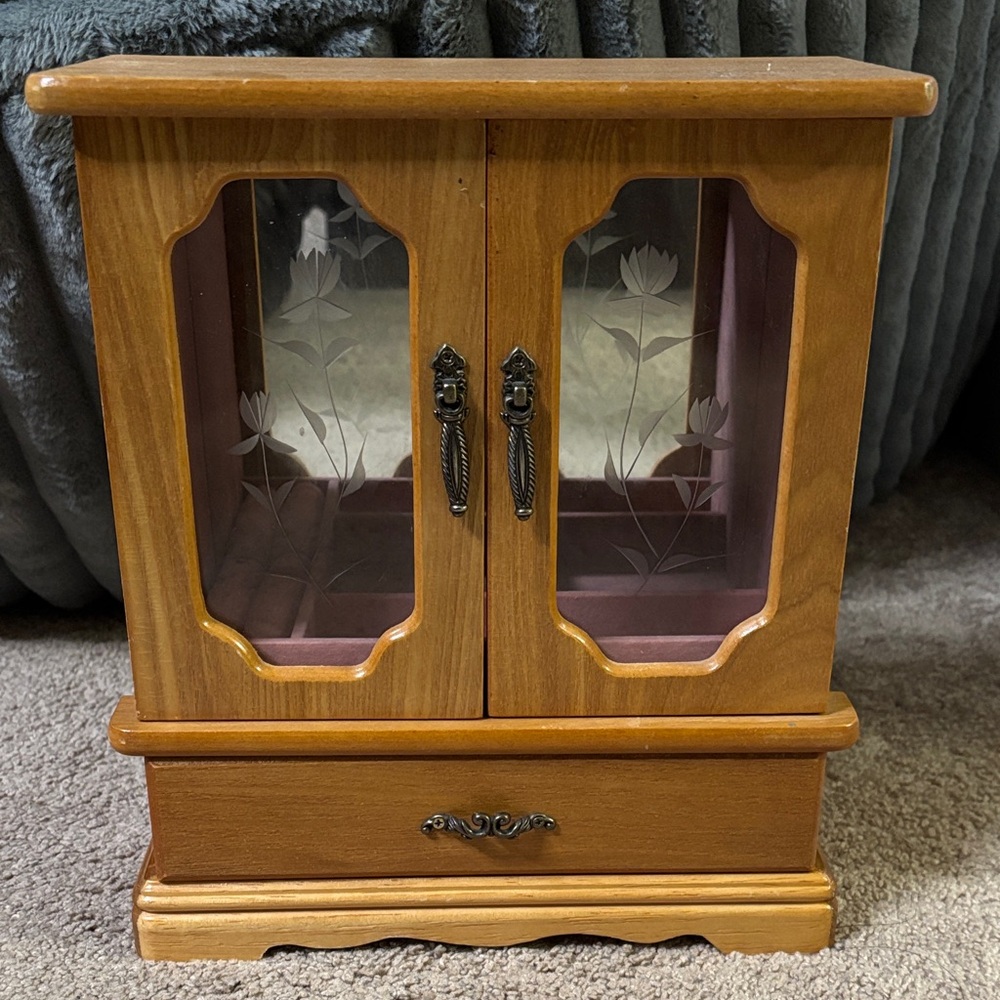 Vintage Wooden Jewelry Box with Glass Doors